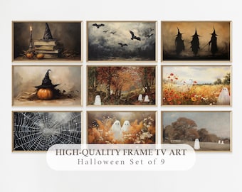 Halloween Frame TV Art Set of 9, Cute Ghosts in Wildflower Field, Vintage Fall Landscape Art, Halloween Spooky Paintings, Digital Download