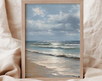 Coastal Beach Oil Painting Print, Vintage Ocean Waves Painting, Summer Seascape Wall Decor, Coastal Wall Art Printable, Antique Beach Scene