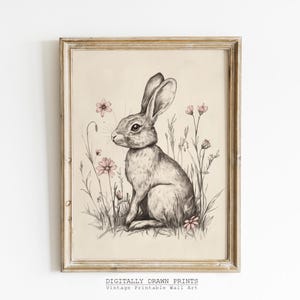 Vintage Bunny Printable Wall Art, Easter Rabbit Sketch Digital Download, Farmhouse Spring Decor, Neutral Wall Art, Cottagecore Easter Print