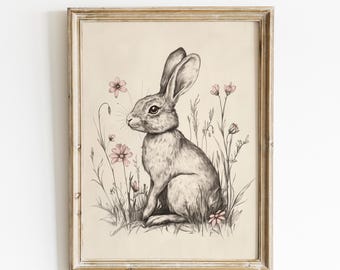 Vintage Bunny Printable Wall Art, Easter Rabbit Sketch Digital Download, Farmhouse Spring Decor, Neutral Wall Art, Cottagecore Easter Print
