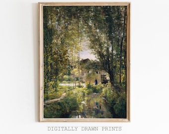 Spring Country Oil Painting, Vintage Stream Landscape Print, Rustic Farmhouse, Cottage DIGITAL Print, Printable Art