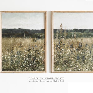 Printable Wildflower Field Set of 2, Vintage Farm House Oil Painting, Country Field Landscape Oil Painting Printable, Art Digital Download