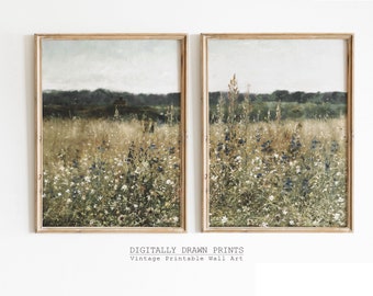 Printable Wildflower Field Set of 2, Vintage Farm House Oil Painting, Country Field Landscape Oil Painting Printable, Art Digital Download