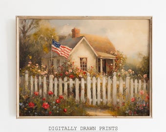 Stampa artistica da parete vintage del 4 luglio, stampa estiva del 4 luglio in stile cottage, arte del Giorno dell'Indipendenza, decorazioni americane, stampa estiva in stile fattoria