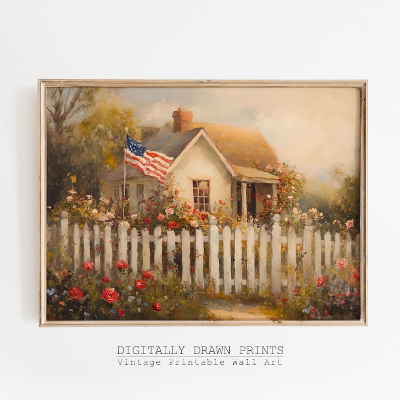 May include: A painting of a white house with a picket fence and a red, white, and blue American flag waving in the wind. The house is surrounded by a lush garden with pink and red flowers.