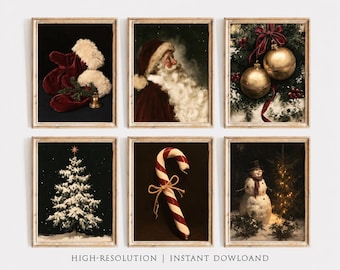 Set of 6 Christmas Printable Wall Art, Vintage Holiday Gallery Wall, Santa Snowman Decor, Digital Download Art Print Bundle Set