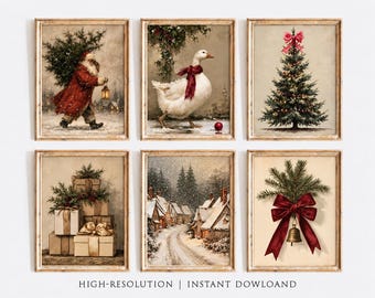Vintage Christmas Printable Wall Art Bundle, Santa Goose Village Tree Holiday Gallery, Neutral Traditional Digital Download Print Collection