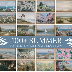 May include: A collection of framed art prints with a summer theme. The images depict various coastal and floral scenes, including sailboats, beaches, and blooming flowers. The text "100+ SUMMER FRAME TV ART COLLECTION" is displayed.