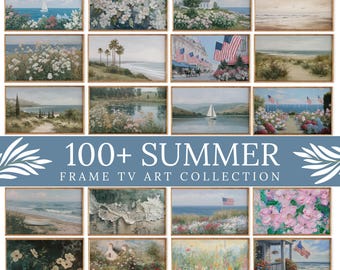 Puede incluir: Una colección de impresiones artísticas enmarcadas con temática de verano. Las imágenes representan diversas escenas costeras y florales, incluyendo veleros, playas y flores. Se muestra el texto "100+ SUMMER FRAME TV ART COLLECTION".