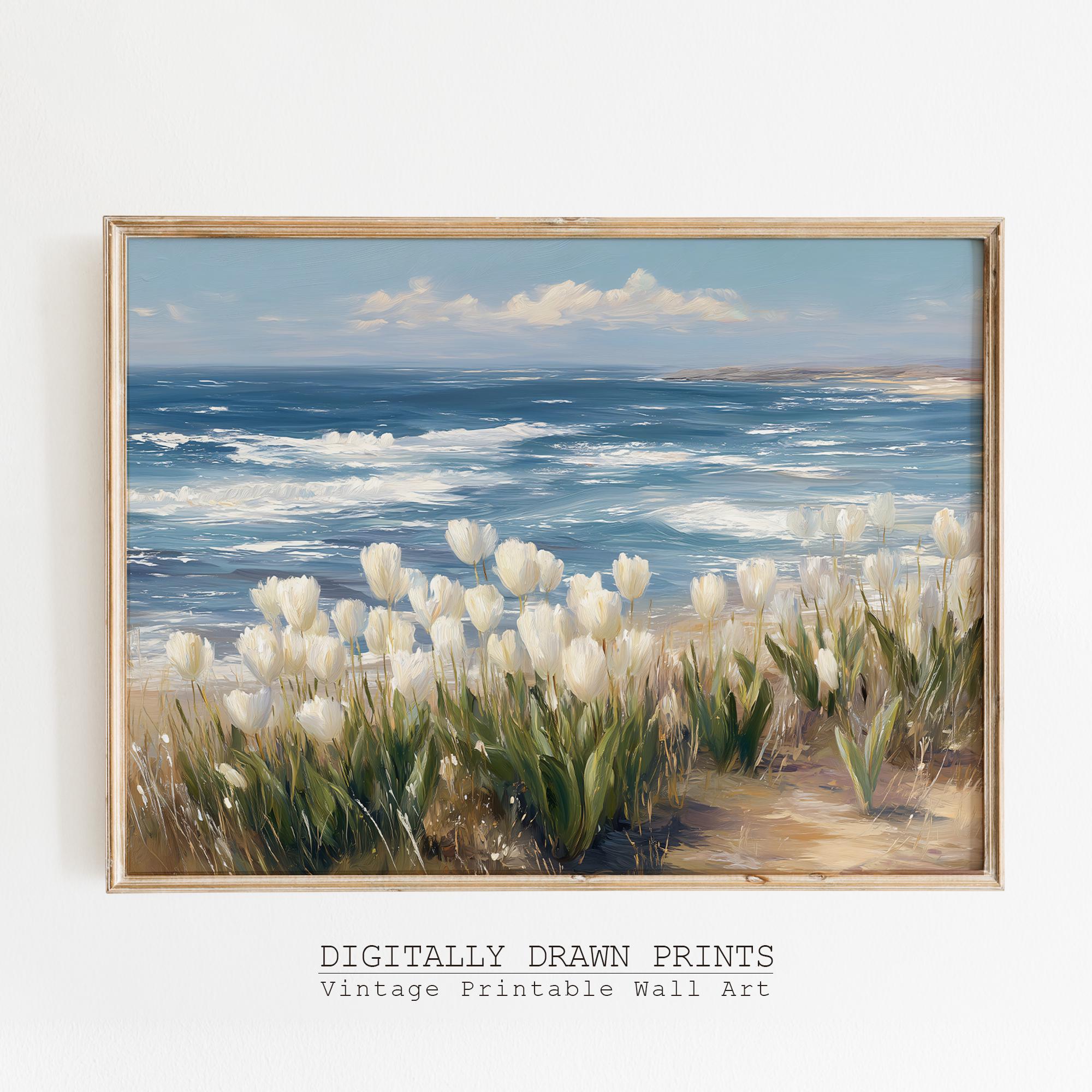 Coastal Printable Wildflower Field Landscape Painting, Vintage Summer Print, Floral Print, Summer Farmhouse Print, Digital Download