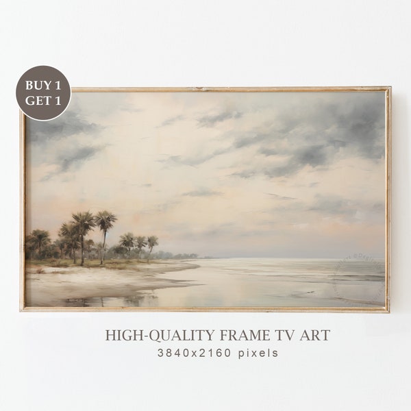 Moody Summer Frame TV Art Instant Download, Neutral Farmhouse Beach Art for TV, Muted Coastal Oil Painting, Vintage Moody Cottagecore Decor