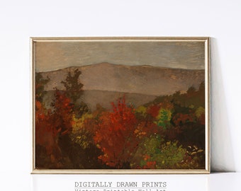 Moody Autumn Printable Field Landscape Oil Painting, Rustic Farm House, Country Field Landscape Oil Painting Printable, Art Digital Download