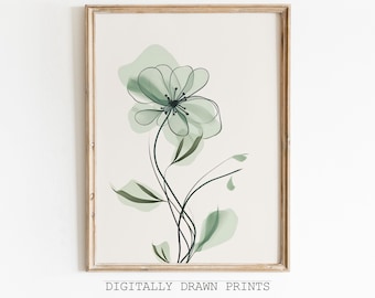 Arte Botânica de Parede | arte de parede verde sábio | Ilustração floral | Impressão de arte Boho | Parede Boho Ar| flores do verde prudente pôster | Impressão digital