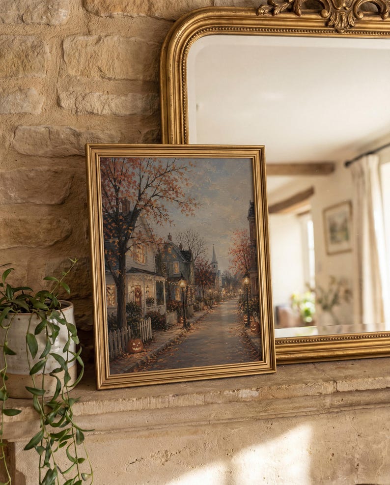 May include: A framed rectangular wall art print depicting a quiet autumn street scene at dusk. The image features houses with glowing windows, trees with orange foliage, street lamps, and jack-o'-lanterns lining a path in a gold frame.