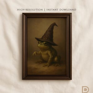 May include: A framed print of a frog wearing a brown witch's hat, rendered in a vintage style. The frog has a detailed, textured appearance. The print includes the text "HIGH-RESOLUTION | INSTANT DOWLOAND" at the top.