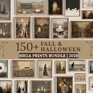May include: A digital collection of 150+ Fall & Halloween Mega Prints Bundle 2026 featuring various framed wall art prints. The images depict ghosts, witches, pumpkins, black cats, and autumn landscapes in a muted, vintage-inspired color palette.
