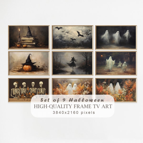 Halloween Frame TV Art Set of 9, Cute Ghosts in Oil Paintings, Vintage Fall Landscape Painting, Halloween Spooky Arts, Samsung Frame TV Set