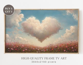 Heart Cloud Art for Valentine's Day Frame TV Art, Vintage Valentine's Day Decor, Romantic Wildflowers Landscape Painting, Digital Download