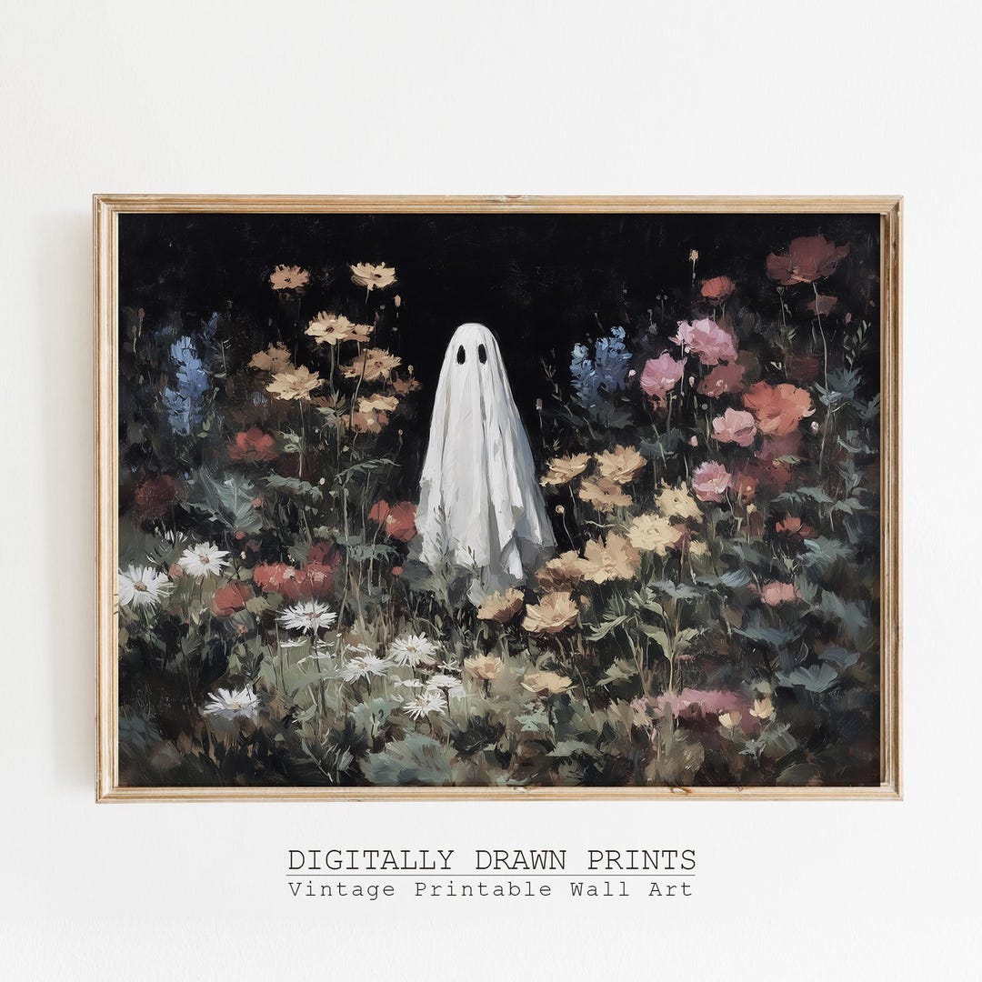 Ghost in Flowers Halloween Printable Wall Art, Spooky Dark Painting ...