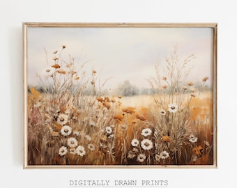 Fall Printable Wildflower Field Oil Painting, Fall Decor Vintage Fall Print Rustic Home Decor, Autumn Print Neutral Wall Art, Floral Print