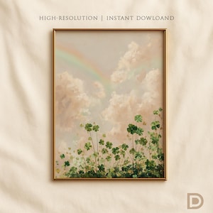 Pode incluir: Uma impressão de arte emoldurada com um céu pastel, um arco-íris e nuvens. Plantas de trevo verde em primeiro plano. O texto "HIGH-RESOLUTION | INSTANT DOWNLOAD" está no topo.