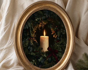 Vintage Christmas Candle Wreath Print, Moody Evergreen Holiday Art (Digital Download)