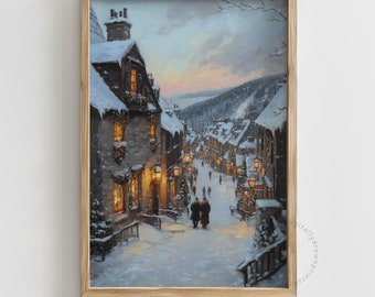 Vintage afdrukbare kerstkunst aan de muur, humeurig winterolieverfschilderij, seizoensgebonden kerstdecor, kunst aan de muur kerstboerderij, digitale download