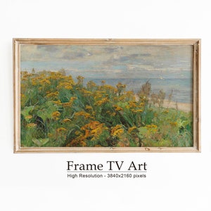 Summer Samsung Frame TV Seascape Painting, Coastal Wildflowers Landscape Painting, Summer TV Art Frame, Digital TV Art