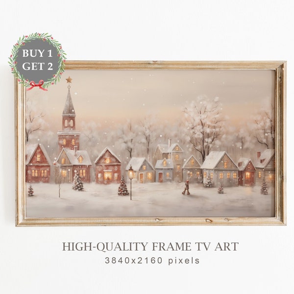 Christmas Samsung Frame TV Art, Vintage Town Painting during Christmas, Christmas Decor, Scandinavian Christmas Art, Digital TV Art