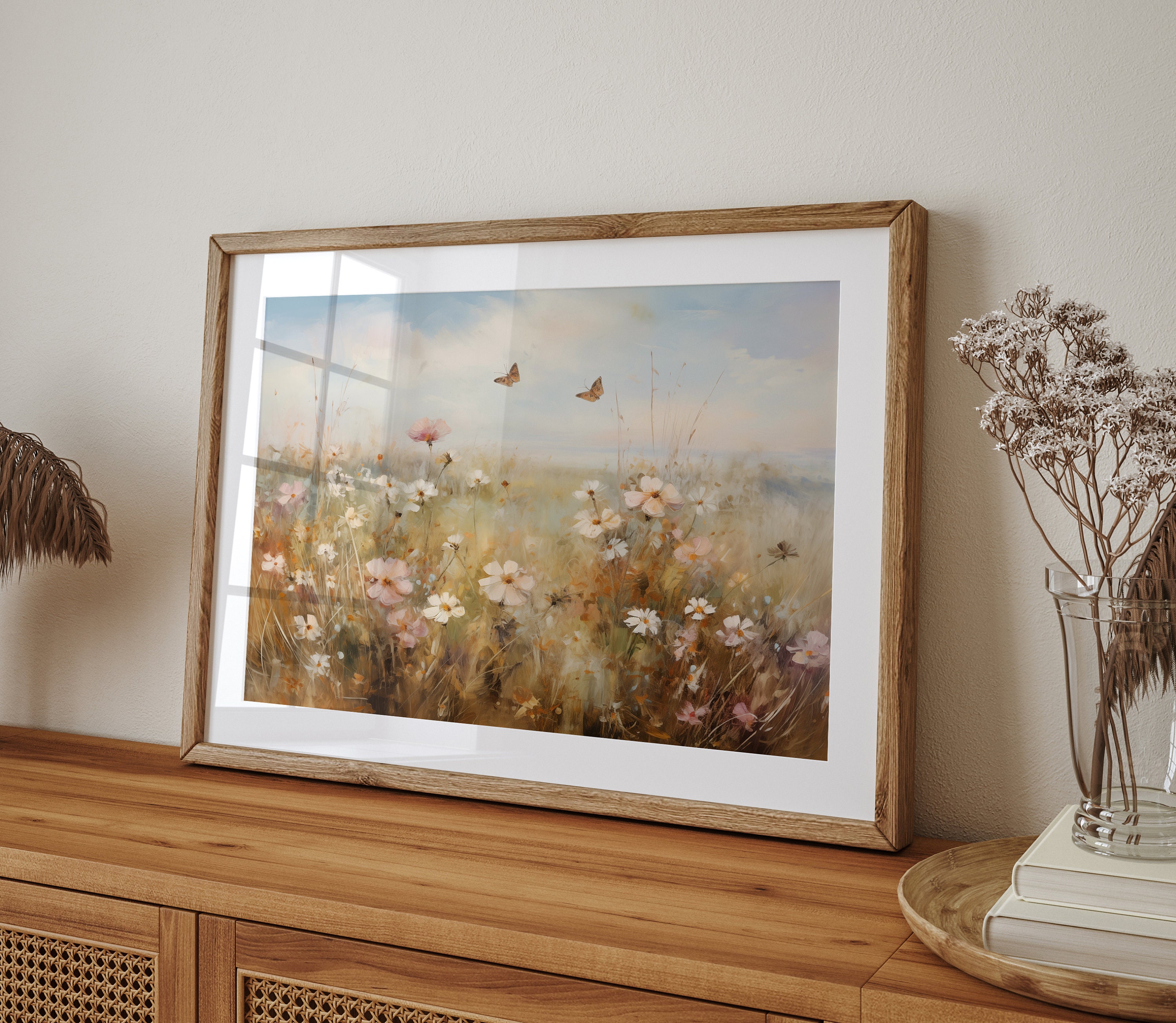 Printable Wildflower Field Landscape Butterfly Vintage Oil Painting ...