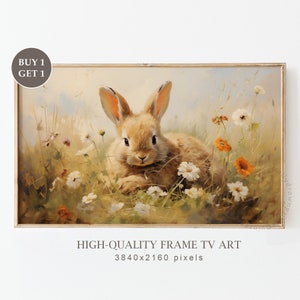 Vintage Easter Bunny Frame TV Art, Neutral Spring Rabbit Painting voor TV, Easter Decor, Cute Bunny in een Wildflower Field, Digitale Download