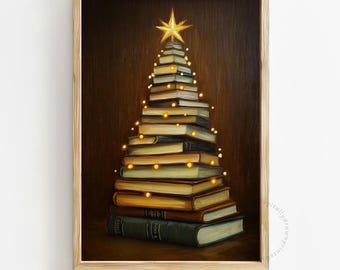 Arte de pared navideño rústico imprimible, impresión de árbol de Navidad vintage, pintura al óleo con impresión de naturaleza muerta de invierno, decoración navideña de Dark Academia