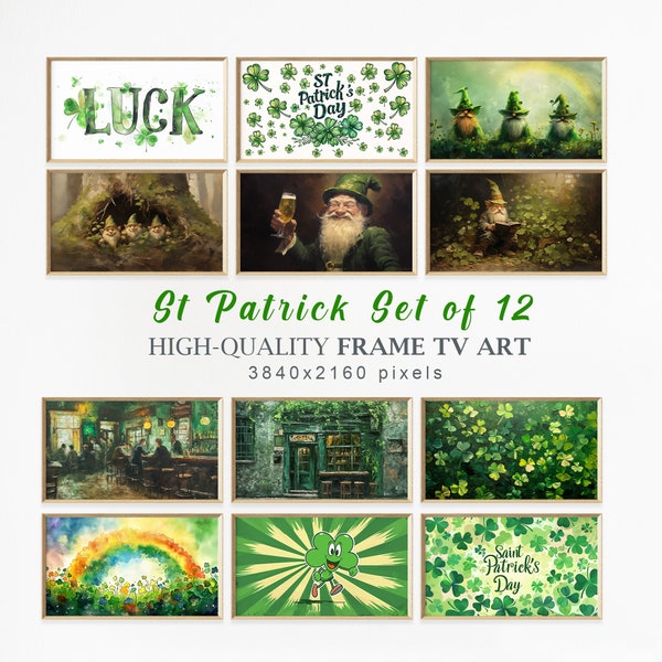 Marco de San Patricio vintage para TV (12 unidades), pintura al óleo antigua de tréboles, decoración rústica de granja, pintura de trébol, arte digital