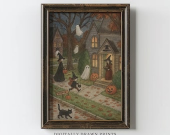 Vintage Halloween Printable Wall Art, Cute Ghosts And Witch Printable, Spooky Halloween Fall Painting, Halloween Art for Kids Room