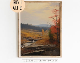 Printable Autumn Forest Landscape Oil Painting, Vintage Farm House, Set Of 2 Fall Wall Art, Rustic Country Wall Decor, Art Digital Download