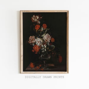 Vintage Moody  Dark Flower Print, Dark Academia Botanical Wall Art Floral Still Life Oil Painting, Printable Digital Art