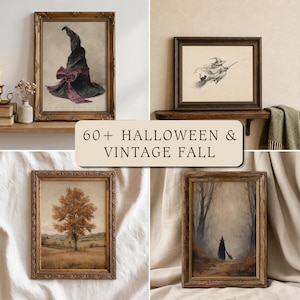 May include: A collection of four framed wall art prints featuring Halloween and autumn themes, including a witch hat with a purple ribbon, a witch flying on a broomstick with a cat, an orange autumn tree, and a witch walking in a misty forest.
