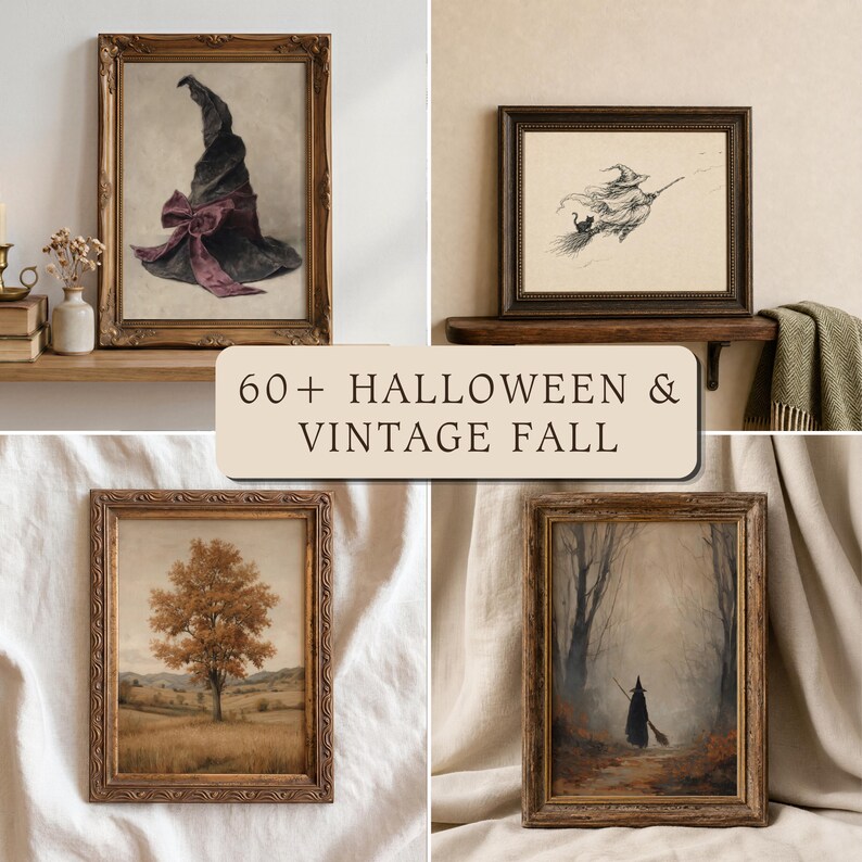 May include: A collection of four framed wall art prints featuring Halloween and autumn themes, including a witch hat with a purple ribbon, a witch flying on a broomstick with a cat, an orange autumn tree, and a witch walking in a misty forest.