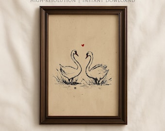 Impresión vintage de cisne para San Valentín, pintura de cisne amoroso, decoración neutra para San Valentín, arte de pared romántico imprimible, decoración vintage de amor imprimible
