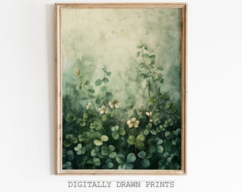 Saint Patrick's Clovers Print, Vintage St. Patrick Clovers Field Oil Painting, St. Patrick Decor, Country Oil Painting, Digital Download