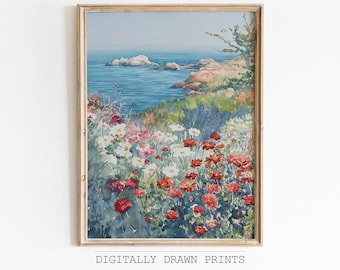 Coastal Printable Wildflower Field Landscape Painting, Watercolor Summer Print, Floral Print, Summer Farmhouse Print, Digital Download