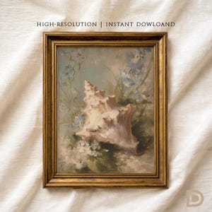 May include: A framed vintage painting featuring a large seashell amidst delicate blue and white flowers. The artwork has a soft, muted color palette and is set against a light blue background. The frame is gold and the text "HIGH-RESOLUTION | INSTANT DOWLOAND" is at the top.