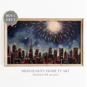New Year&#39;s Eve Samsung Frame TV Art, Colorful City celebrating New Year with Fireworks Holiday Art for TV, Christmas Decor, Digital Download