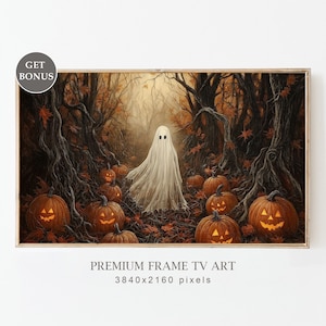May include: A white ghost stands in a dark forest with glowing jack-o'-lanterns scattered around it. The forest is filled with fallen leaves and the air is misty.