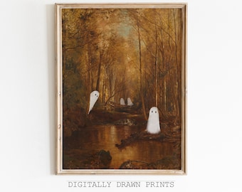 Vintage Halloween Ghost Painting, Autumn Forest Art (Digital Download)
