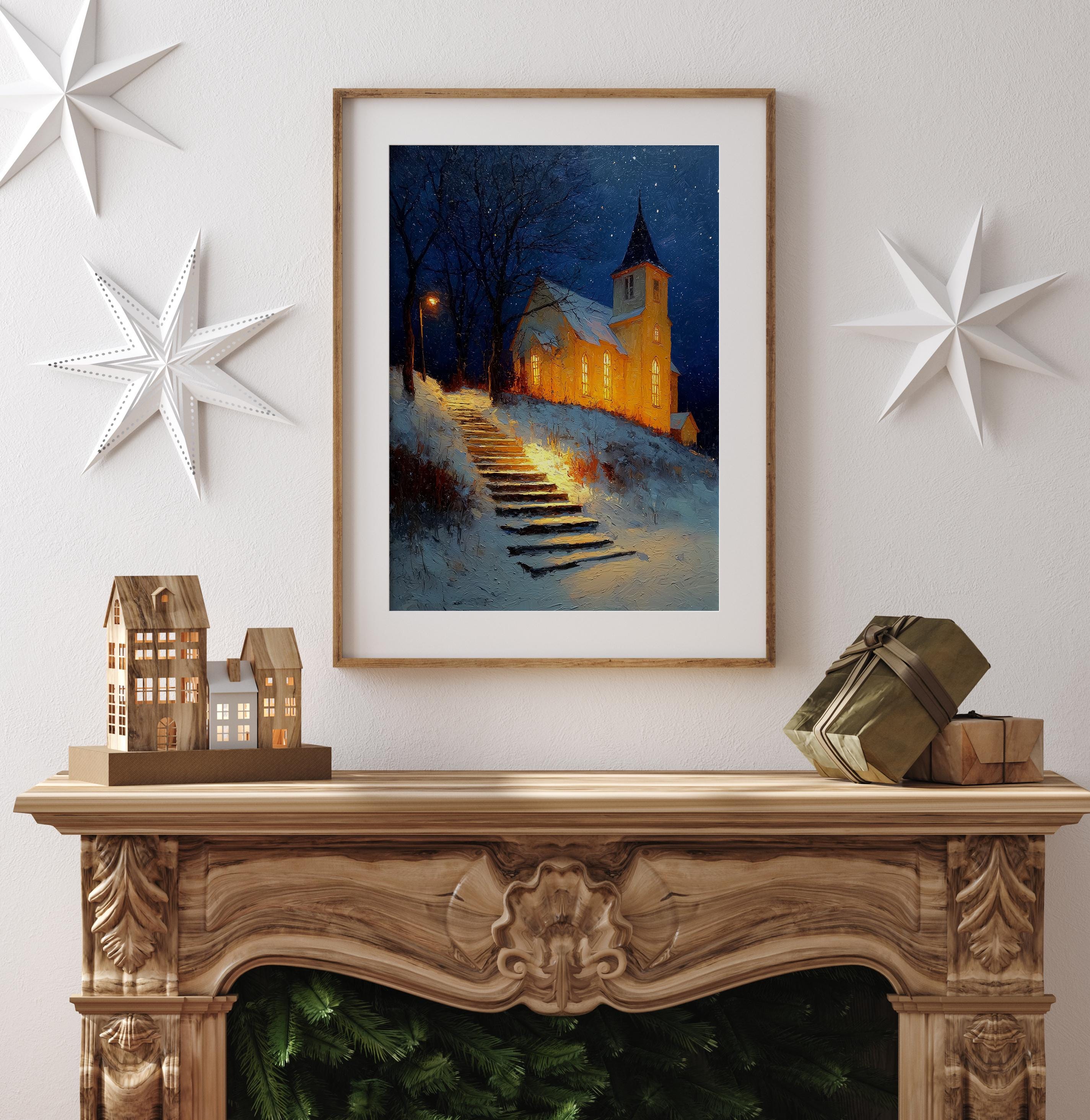ヴィンテージクリスマス教会絵画：雪の降る冬の風景（デジタル