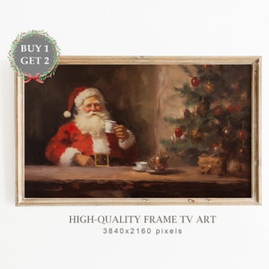 Christmas Frame TV Art, Santa drinking tea around the Christmas Tree, Christmas Art for TV, Seasonal Christmas Decor, Digital Download