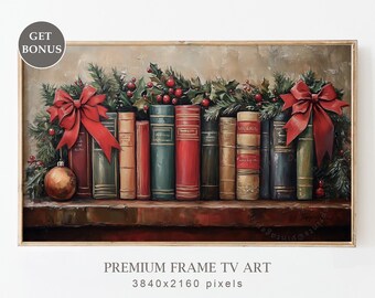 May include: A painting of a shelf of books decorated with a garland of holly and red bows. A gold ornament hangs from the garland. The books have gold lettering on their spines.