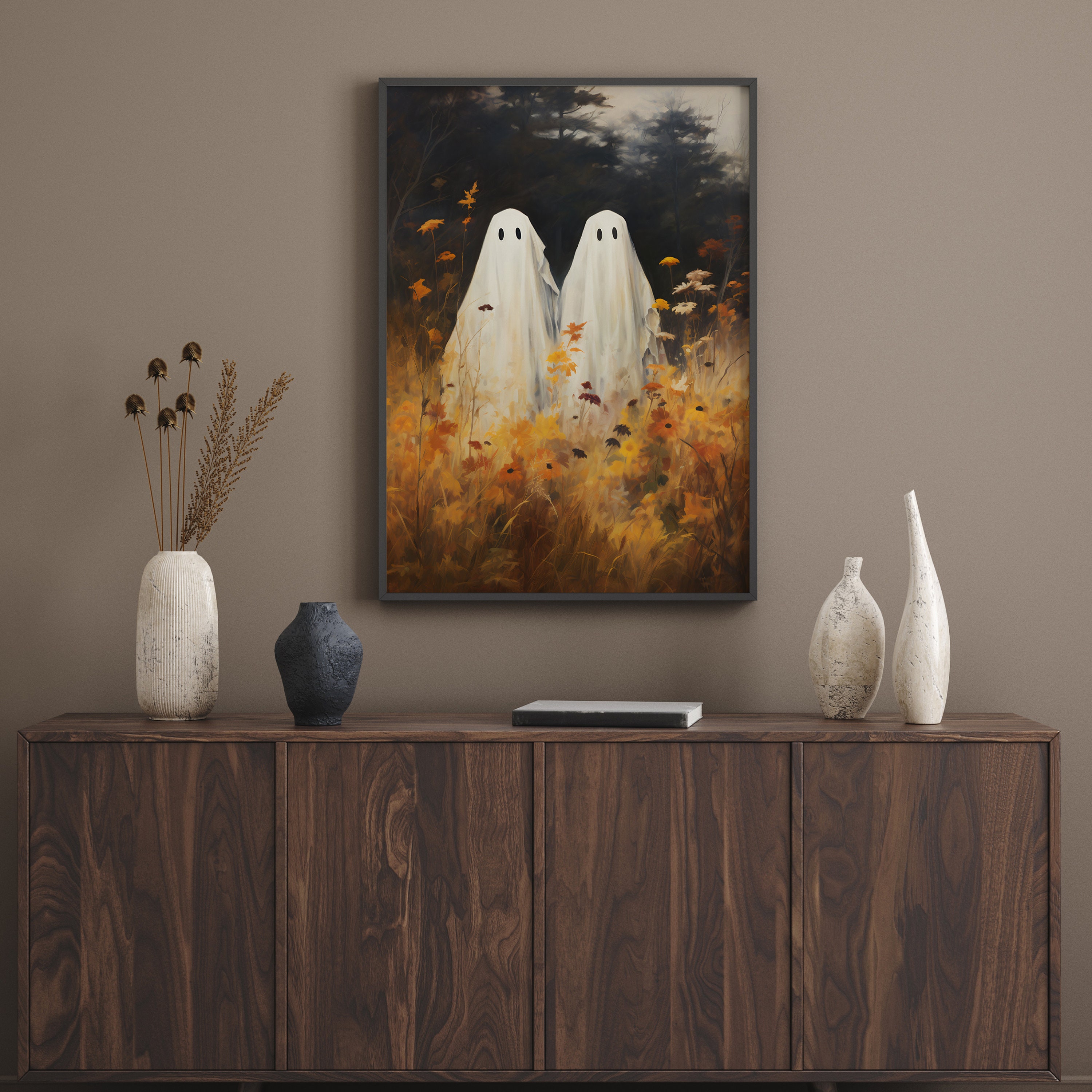 Cute Ghost Art Print, Halloween Autumn Vintage Farm House, Spooky ...