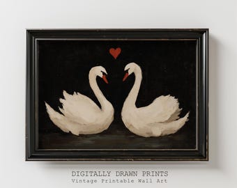 Arte de pared imprimible de cisne vintage para San Valentín, cuadro romántico de pájaros del amor, decoración elegante y oscura para San Valentín, descarga digital.